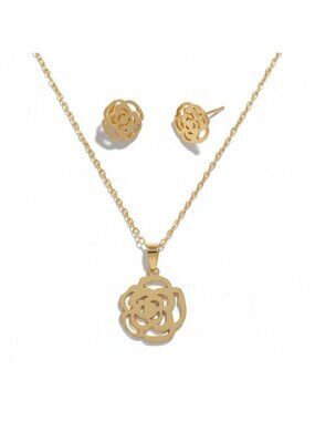 Flower Jewelry Set Necklace Earrings Gold Tone Stainless Steel 18" Gift
